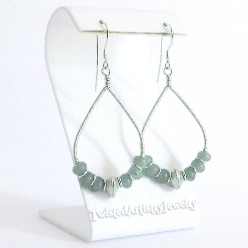 Green Aventurine Silver Wire Wrapped Teardrop Hoop Earrings